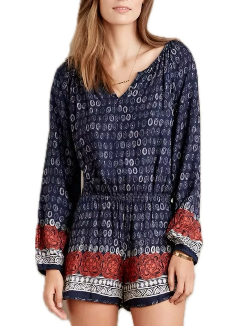 Anthropologie Lilka Nandini Aztec Print Romper Size Large Long Sleeve Boho Indie